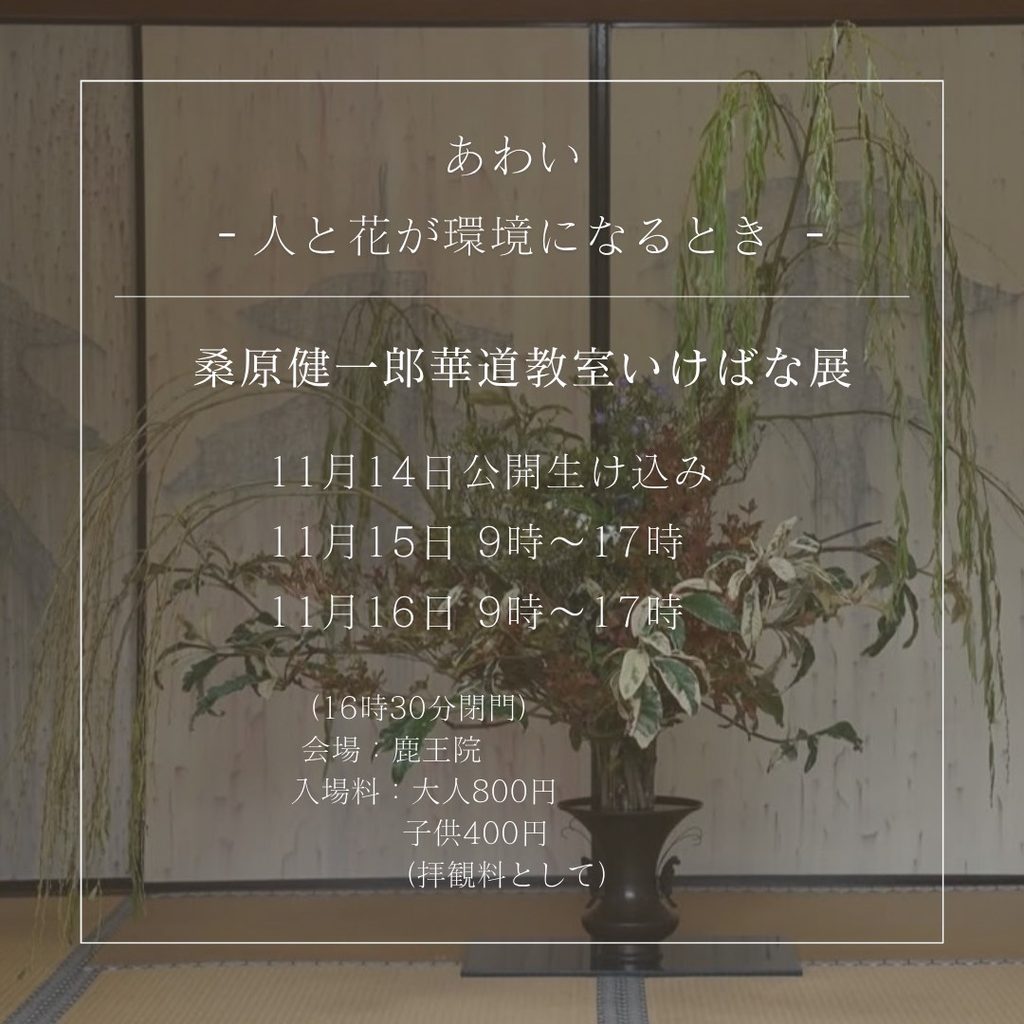 いけばな展「あわい — 人と花が環境になるとき —」の案内。11月14日 公開生け込み、11月15日・16日 9時〜17時（16時30分閉門）、会場 鹿王院